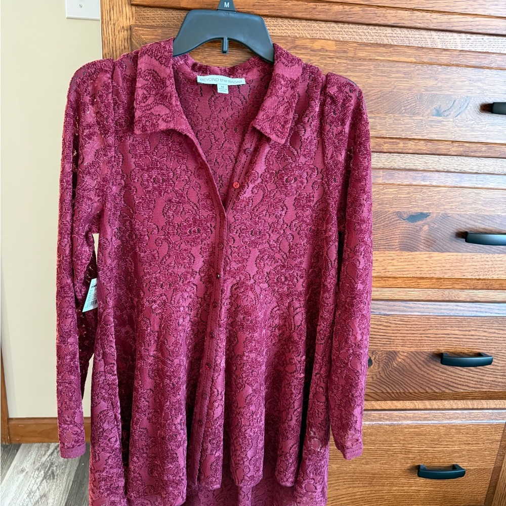 Chic Lace Button Down Shirt in Burgundy